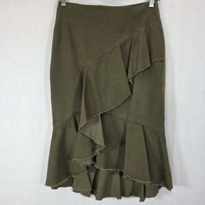 INTERMIX Olive Green Asymmetrical Ruffled Midi Skirt - Size 0 Made in USA